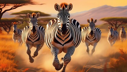Fototapeta premium Thrilling Moment of Zebras Running Across a Savanna Striking Contrasts in African Plains as Sunset Approaches, Exuding Energy and Wild Beauty