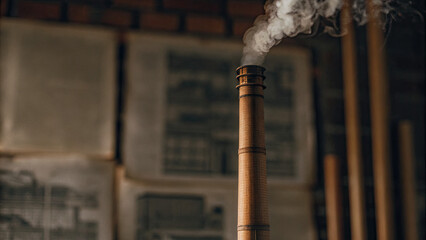 Industrial chimney releasing carbon dioxide emissions with paperwork about environmental regulations, pollution control and climate change policy concepts.