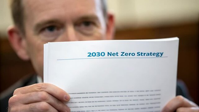 Climate action environmental policy concept. A document titled "2030 Net Zero Strategy" is held up, with a blurred individual partially in view behind it.
