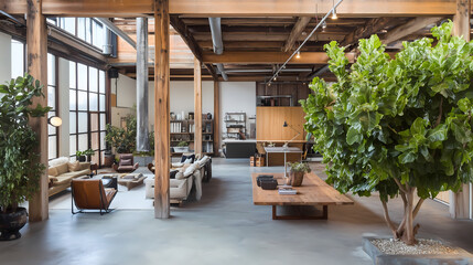 Fototapeta premium Rustic Industrial Cottagecore living space featuring distressed wooden beams, mixed metal furniture, and a large indoor plant, creating a blend of nature and modern design
