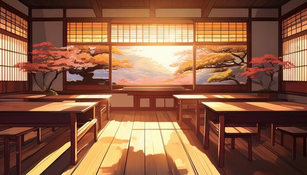 Traditional Japanese Classroom Bathed in Sunset Glow, Golden Light Streaming Through Antique Windows Illuminating Authentic Interior and Ink Artwork, Depicting the Serene Atmosphere of a - Powered by Adobe