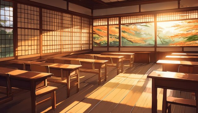 Traditional Japanese Classroom Bathed in Sunset Glow Golden Rays Filtering through Antique Windows Illuminate a Timeless Learning Sanctuary at Dusk - Powered by Adobe