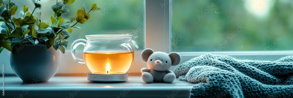 Poster cozy window sill with herbal tea, a lit candle, and a soft mouse plushie creating a peaceful atmosph