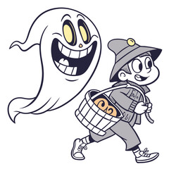 Smiling Ghost Chasing Boy With Treats On Halloween Cartoon Illustration