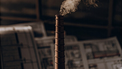 Industrial chimney releasing carbon dioxide emissions with paperwork about environmental regulations, pollution control and climate change policy concepts.