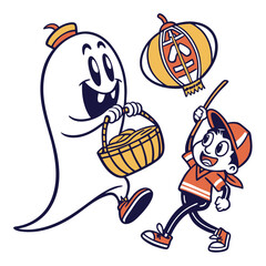 Halloween Fun With Ghost Lantern And Boy Cartoon Illustration Vector Design