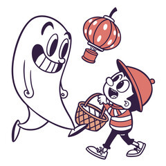 Halloween Adventures Boy Basket Ghost Lantern Funny Cartoon Illustration Graphic Art