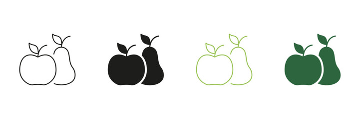 Apple And Pear Line and Silhouette Icon Set. Raw Diet And Healthy Eating Symbol. Fresh And Natural Food Choices, Nutrition And Wellness Concept. Isolated Vector Illustration