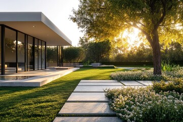 Fototapeta premium Modern minimalist house with a stunning garden, bathed in golden sunset light.
