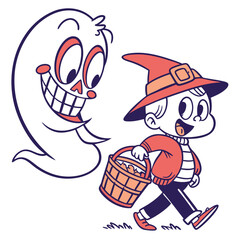 Retro Halloween Illustration Featuring A Cute Witch Child And A Spooky Ghost Character