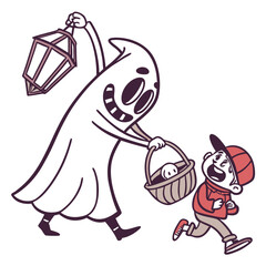 Fototapeta premium Cartoon Ghost Chasing Boy With Candy Basket And Spooky Lantern