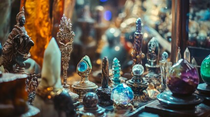 Collection of crystal glassware with reflections