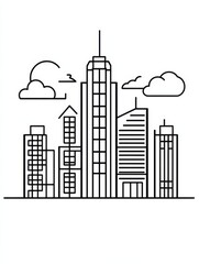 SIMPLE CITY SKYLINE WITH TALL BUILDINGS AND FEW CLOUDS, OUTLINED IN BOLD LINES for kids coloring