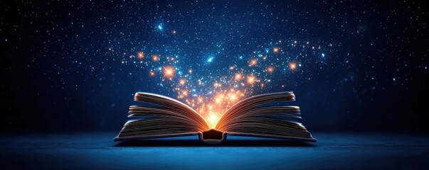 Naklejka premium Open book under starry sky revealing universe of imagination concept. An open book emitting magical sparkles in a dark setting.