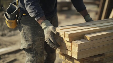Laborer handling construction materials at a building site. Featuring strength and organization