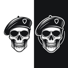 Skull Wearing Hat Monochrome Illustration on Split Background