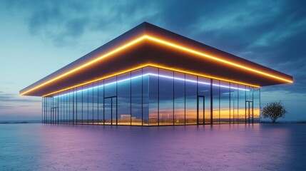 Fototapeta premium Futuristic pavilion sunset neon lights