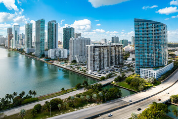 Miami, Florida - Feb 25, 2025: Aerial view of Edgewater waterfront high-rises in Miami, Florida,...