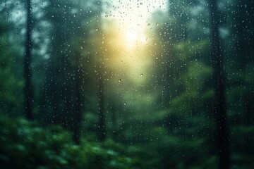 Rain falling softly through a forest, creating a serene atmosphere at sunrise with light filtering through the trees
