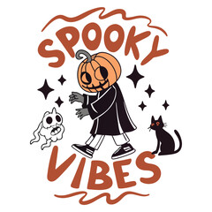 Spooky Vibes Halloween Pumpkin Man With Cat And Ghost Cartoon Illustration