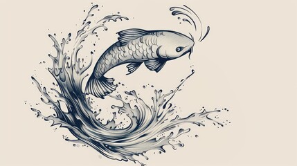 Traditional Japanese koi fish illustration swimming in stylized water waves on neutral background