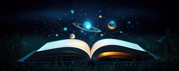 Open book under starry sky revealing universe of imagination concept. An open book reveals a mesmerizing cosmic universe.