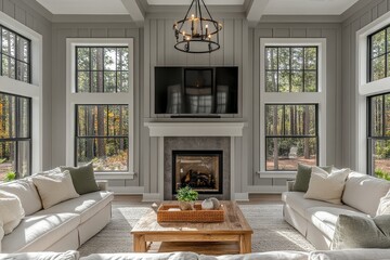 Modern farmhouse-style living room with gray walls, large TV, elegant brass chandelier, and comfortable sofas.