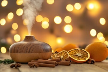 A wooden essential oil diffuser releasing steam