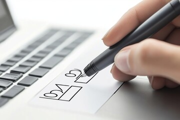 Hand holding pen over a laptop, marking a checkbox