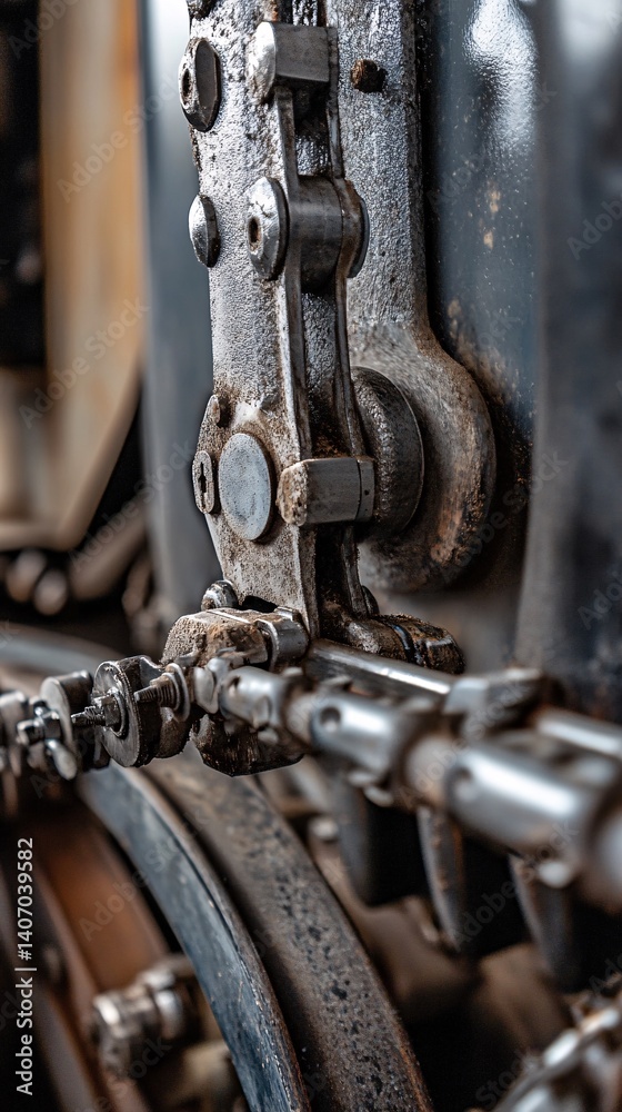 Aufkleber close-up of greasy metallic chain drive system connecting gears