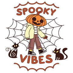 Cartoon Pumpkin Character With Spooky Vibes And Black Cats For Halloween