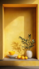 Bright yellow interior showcasing a stylish display of lemons and a decorative plant in a minimalist setting
