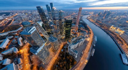 Obraz premium A panoramic view of the Moscow City business district at sunset, showcasing its impressive skyline with towering skyscrapers and modern architecture, illuminated by vibrant city lights.