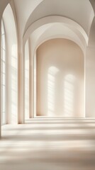 Obraz premium Bright and minimalist interior with arches and soft sunlight filtering through large windows