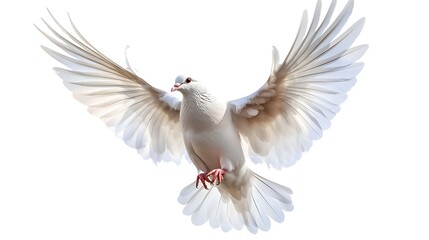 Fototapeta premium Dove In Flight Isolated On White Background Symbolic Of Peace And Freedom Graceful White Bird Spreading Its Wings Against A Clean Backdrop Depicting Serenity