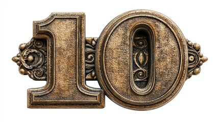Ornate bronze number ten, isolated on white.