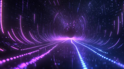 Purple blue digital tunnel, light streaks, dark background, futuristic design