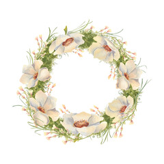Watercolor wreath with lush green moss, wild greenery, and soft white flowers isolated on white. Hand painted botanical circle frame in rustic for greeting cards, packaging, wedding invitations.