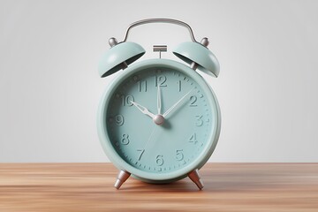 A Pastel Blue Vintage-Style Alarm Clock on Wooden Surface
