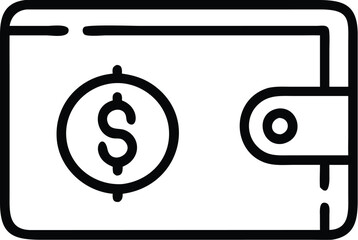 Minimalist wallet icon, dollar sign, black and white outline, simple geometric shapes, financial symbol, thin line drawing, money concept, digital wallet illustration, compact design, banking app icon