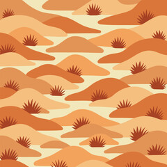 Stylized seamless desert pattern with sand dunes and dry bushes in earthy orange and beige tones. Minimalist natural background for textile, wallpaper or surface design.