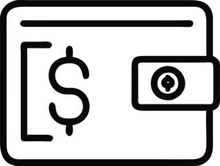 Minimalist wallet icon, dollar sign, black and white outline, simple geometric shapes, financial symbol, thin line drawing, money concept, digital wallet illustration, compact design, banking app icon