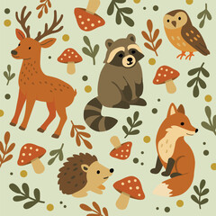 Cute seamless pattern with forest animals including deer, fox, raccoon, owl, hedgehog and mushrooms. Nature-inspired illustration for kids, textiles, wallpapers and autumn themes.