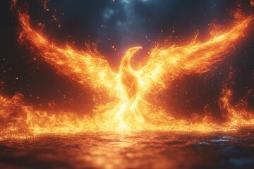 A Majestic Bird Rises From Fire And Displays Its Wings