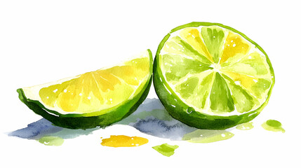 A vibrant watercolor painting of juicy lime wedges, their bright green and yellow hues radiating freshness and a burst of summer zest with loose brushstrokes and subtle watercolors splatters.