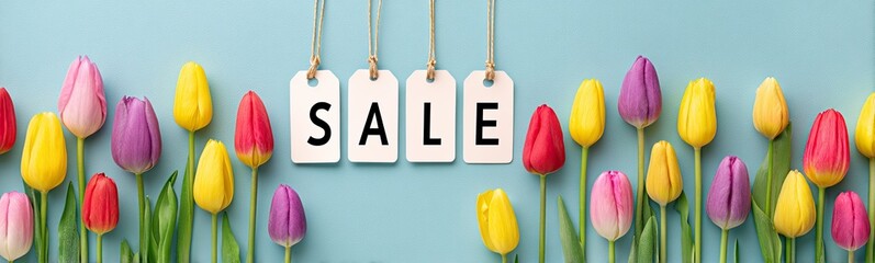 Fototapeta premium Spring tulip sale banner with hanging tags on blue background and flowers