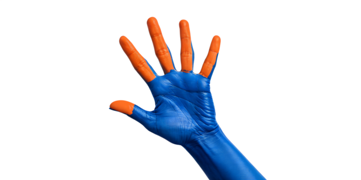A unique collage showcases a cobalt blue hand with orange-tipped fingers, symbolizing a blend of creativity and artistic expression. The hand, positioned against a clean white PNG transparent