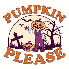 Retro Halloween Pumpkin Design With Graveyard Scene And Spooky Charm