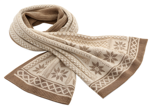 This warm knitted scarf features intricate patterns in soft beige and brown hues, ideal for chilly weather. The design showcases a variety of textures and geometric motifs, PNG transparent