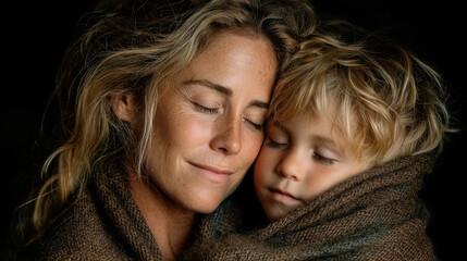Mother and child share a tender bedtime moment under a cozy, weighted blanket with soft dreamy lighting